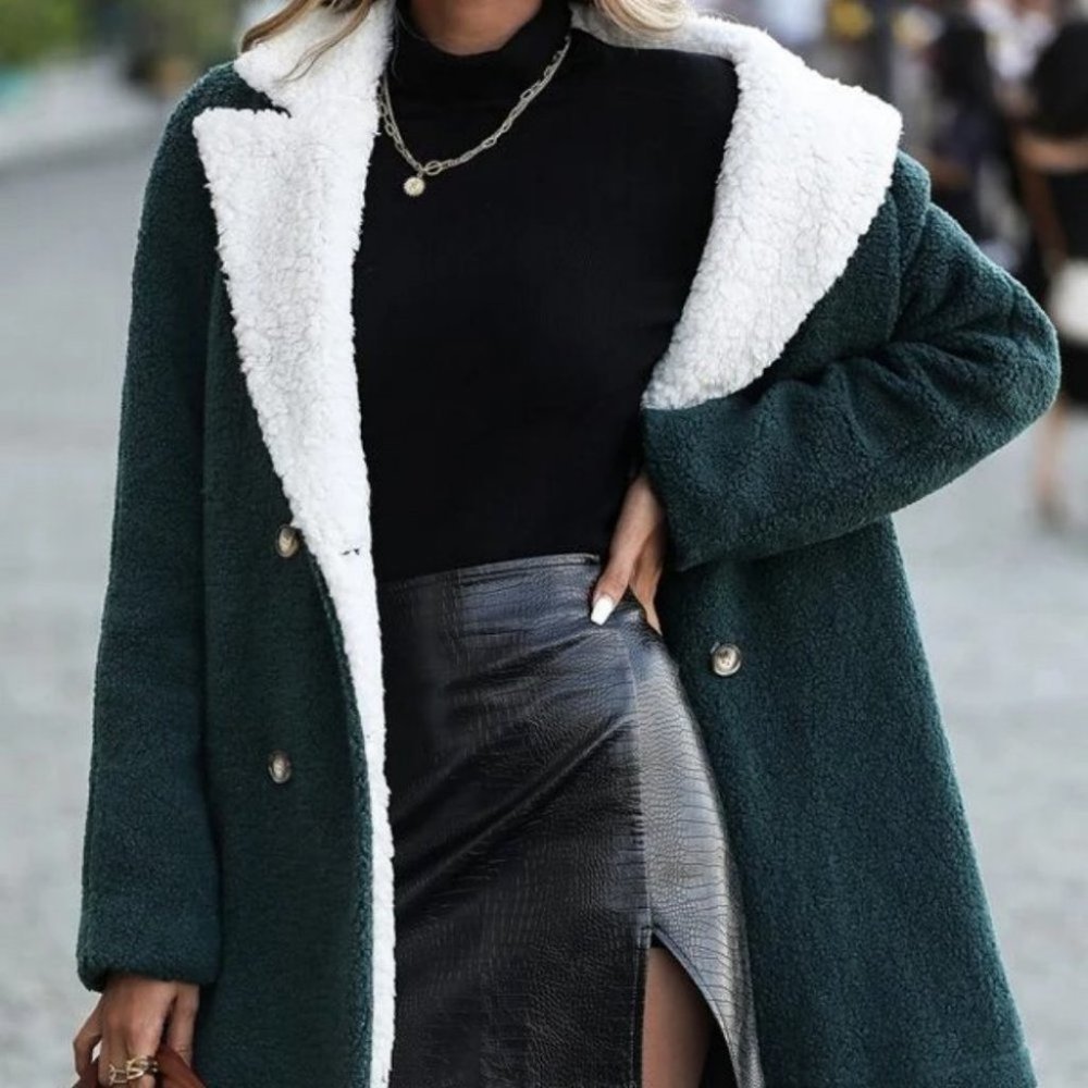 Teddy Lined Lapel Collar Double Breasted Coat fall winter green - Picture 6 of 8